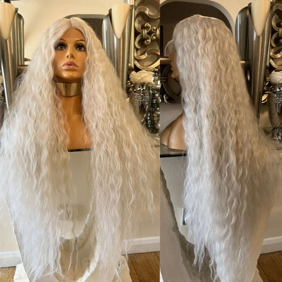 White Deep Wave Lace Frontal Wig 13x4 Curly Wigs Glueless Synthetic And Blend Lace Wig For Women Heat Resistant Cosplay Party