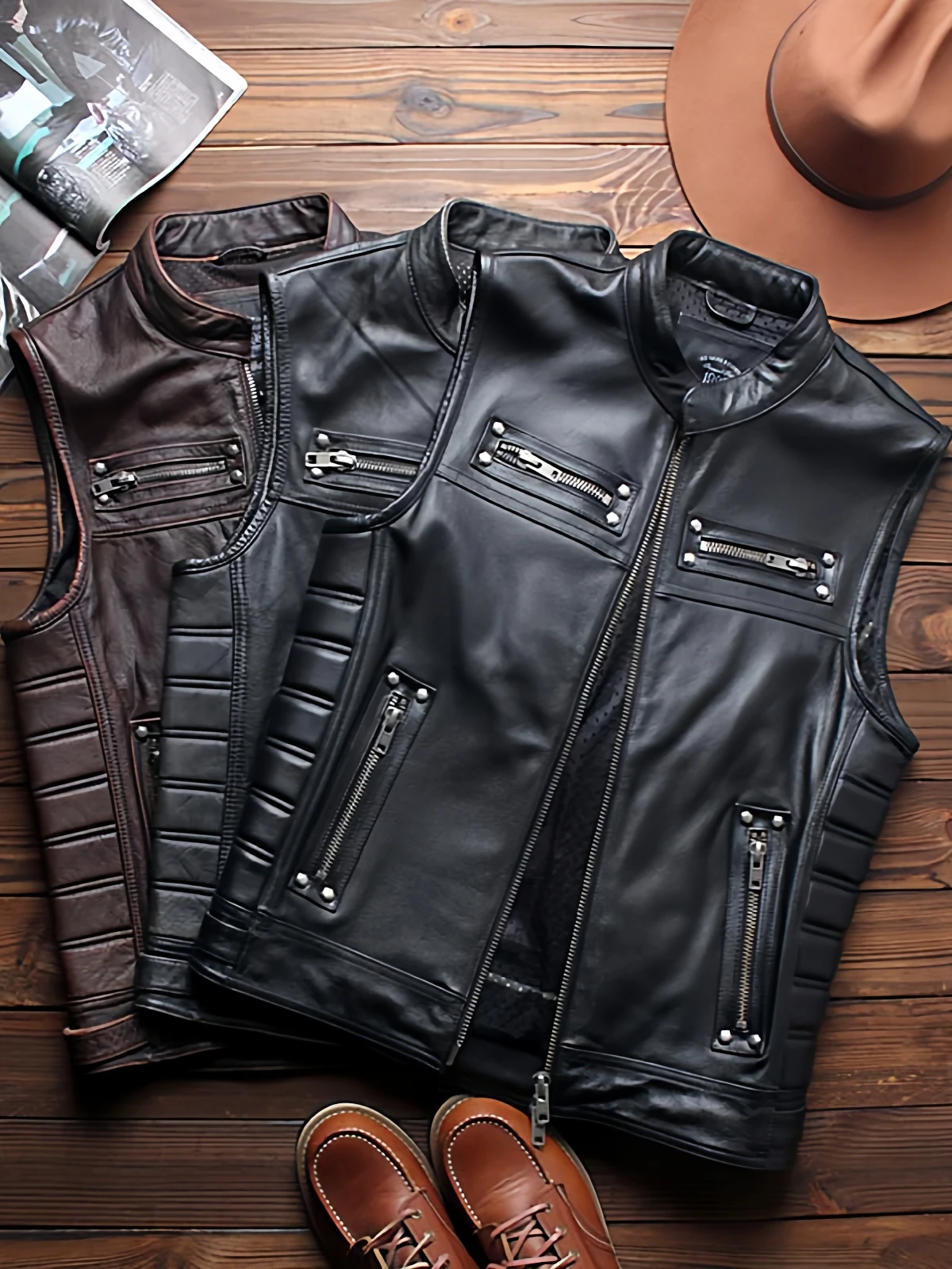 

Retro Distred Leather Vest Men's Rivet Casual Stand Collar T Club Motorcycle Jaet Youth Trend Autumn Zipper