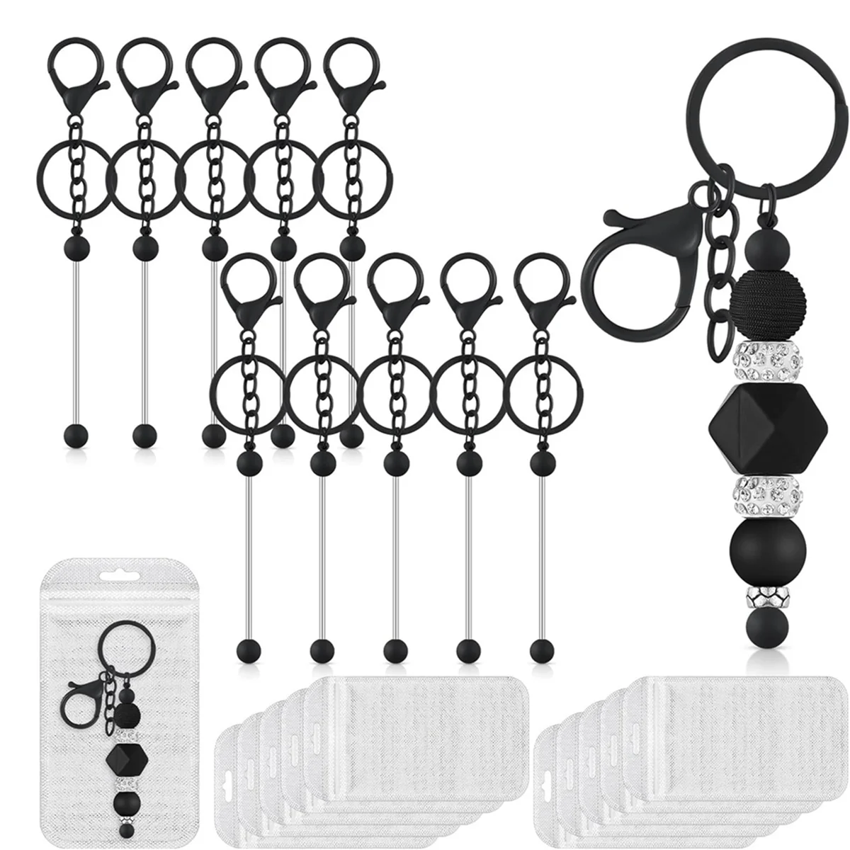 20 Pieces Beadable Keychains Bars, DIY Keychains Bars for Beads Including 10 Beadable Keychain Bars 10 Pouch(Black)