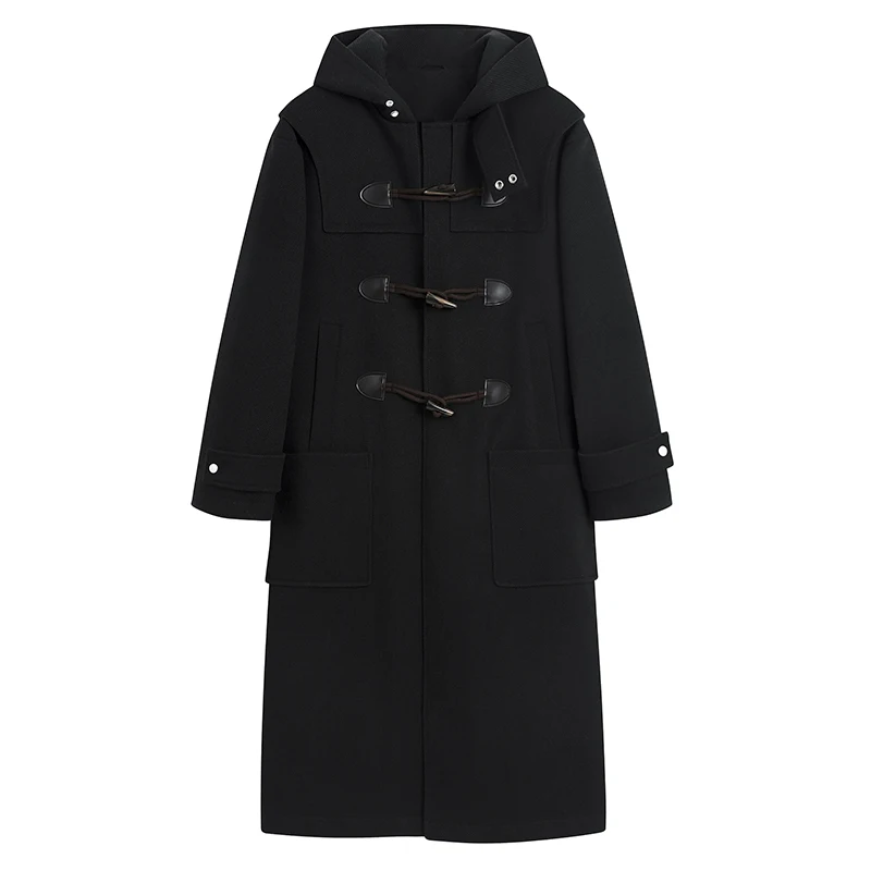 

2024 New Autumn and winter Men's Fashion long length Flip Collar Trench coat men CowHorn Button Men's Woolen Coat