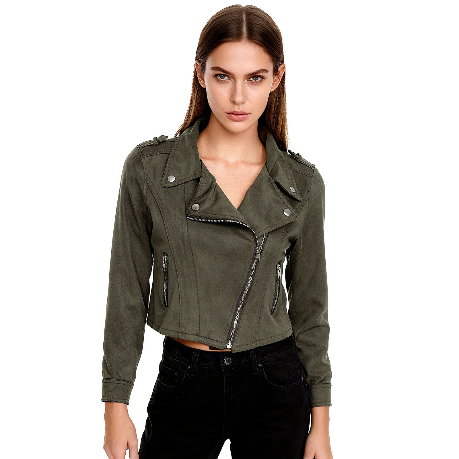 

Womens Stylish Cropped Jackets Lapel Slant Zipper Long Sleeve Motor Biker Coat Outerwear for Vacation Hiking Travel Daily Casual