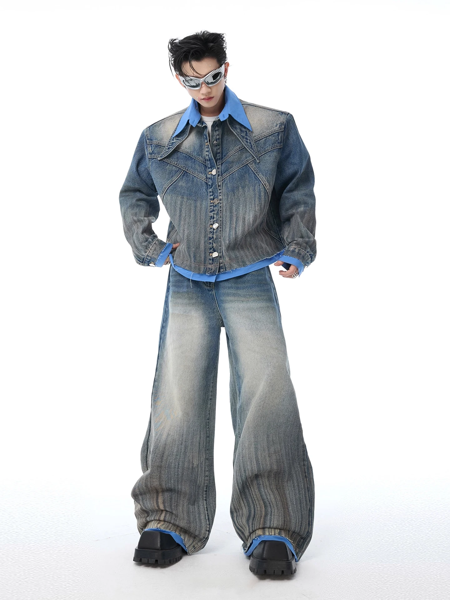 

Американский ретро-комплект из джинсов: куртка и брюки в стиле деконструкции, прямые мужские джинсы, молодежный стиль, Pure C...