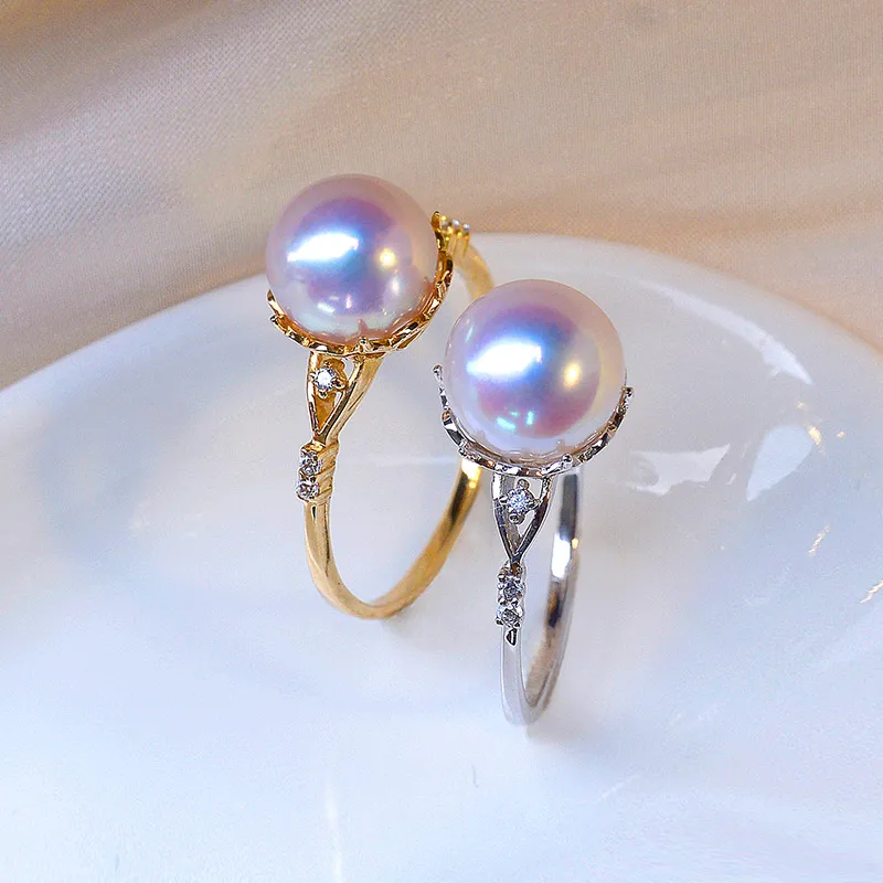 

Кольцо из 18-каратного золота с натуральным соленым жемчугом Akoya, Ten Thava Grade Round Genuine Pearl Jewelry, Ultimate Luster Band
