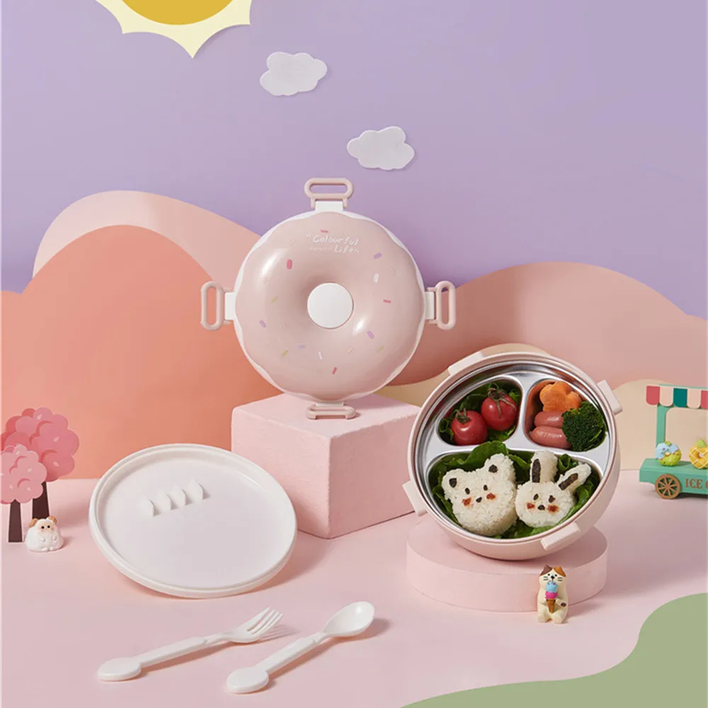 Kids Girls Doughnut-Shaped Stainless Steel Lunch Box Cartoon Donut Bento Box with Compartments for School Picnic