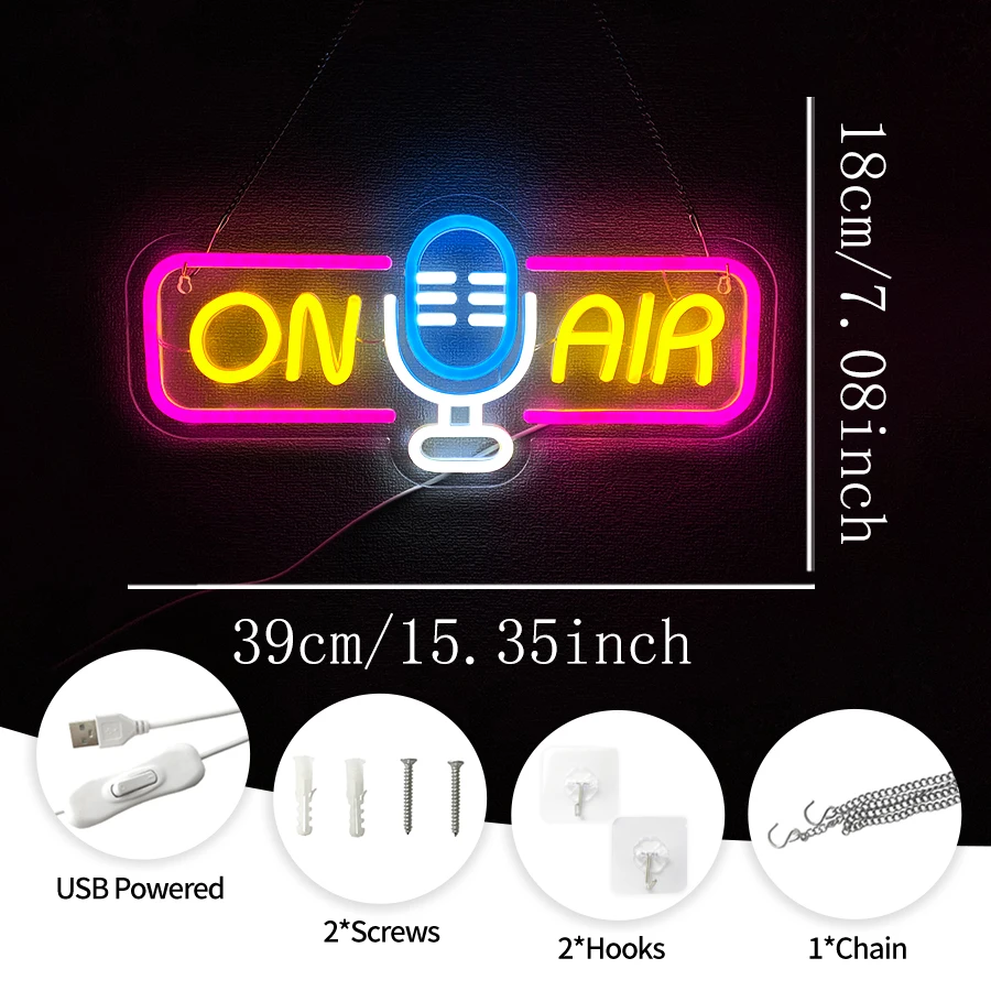 ON AIR Microphone LED Neon Sign USB With Switch Neon Wall Decor for Live Streaming Recording Studio Bedroom Game Room Gift