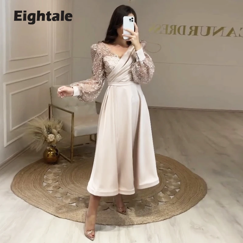 

Eightale Champagne Short Evening Dress for Wedding Party V-Neck Satin Gliiter Prom Gown Long Puffy Sleeves Celebrity Gown