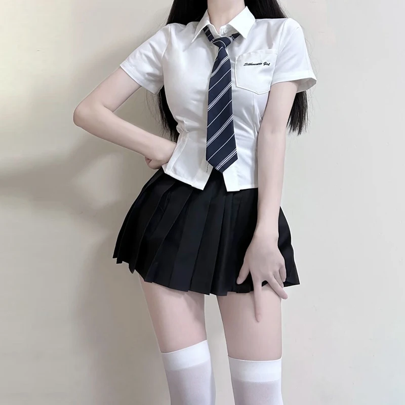 Jk Uniform Pure Desire Gyaru Preppy All-Match Waist Hugging Short sleeve Shirts Women Slim fit Slimming White Shirt Summer Set