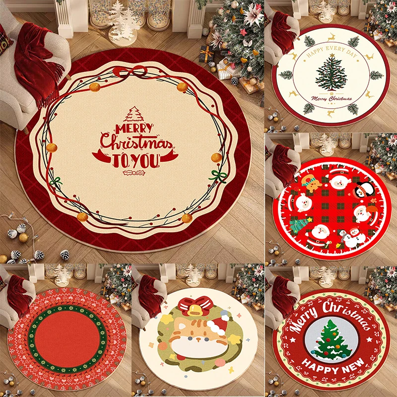 Christmas themed Round Rug with Santa Claus Tree Reindeer Patterns Floor Mat for Holiday Decor Adding Festive Cheer