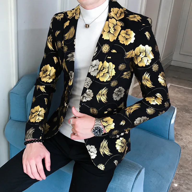 Men Golden Flower Print Blazers 2023 Autumn Formal Dress Tuxedo Casual Slim Fit Suit Jacket / High Quality Fashion Men Clothing