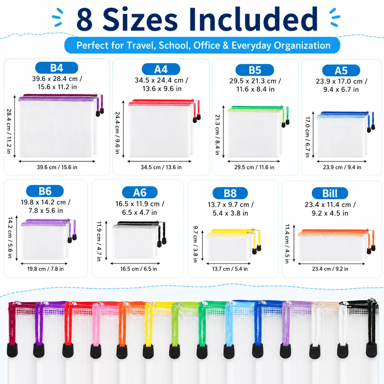 56 Pack Mesh Zipper Pouches, 8 Sizes 18 Colors, Translucent File Bags for Travel, Office, School and Home Storage