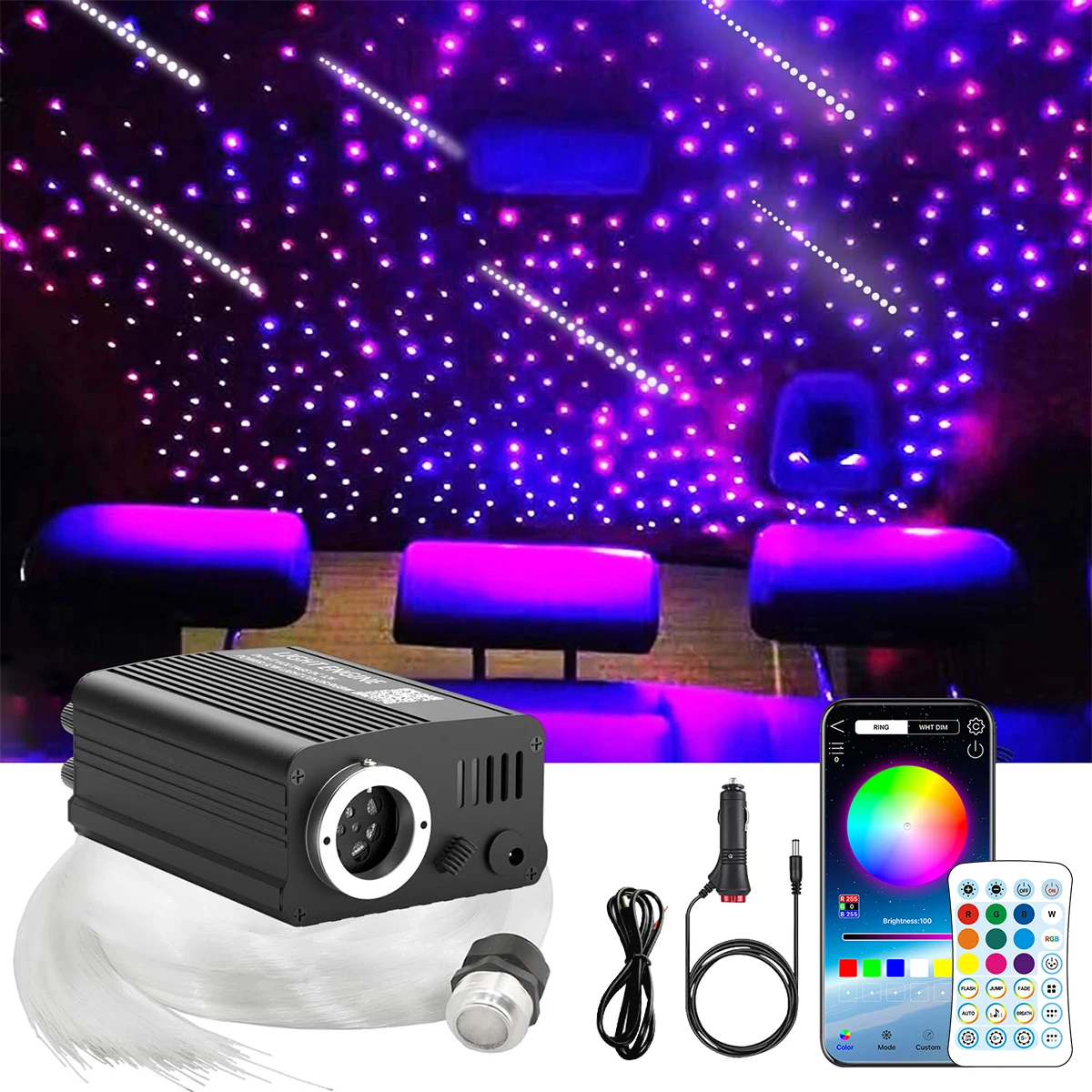 Twinkle & Meteor Starlight Headliner Kit for Car 0.02in/0.03in x 9.8ft 750/1100pcs for Ambient Interior Decor 16W RGBW Fiber Optic Star Light Engine, 200 White Shooting Stars