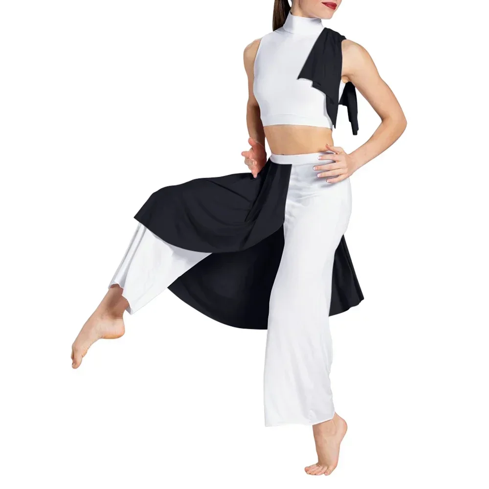 Black White Contrasting Colors Modren Dance Wear for Girls Women 2 Piece Set Crop Top Wide Leg Pants Performance Show Costume