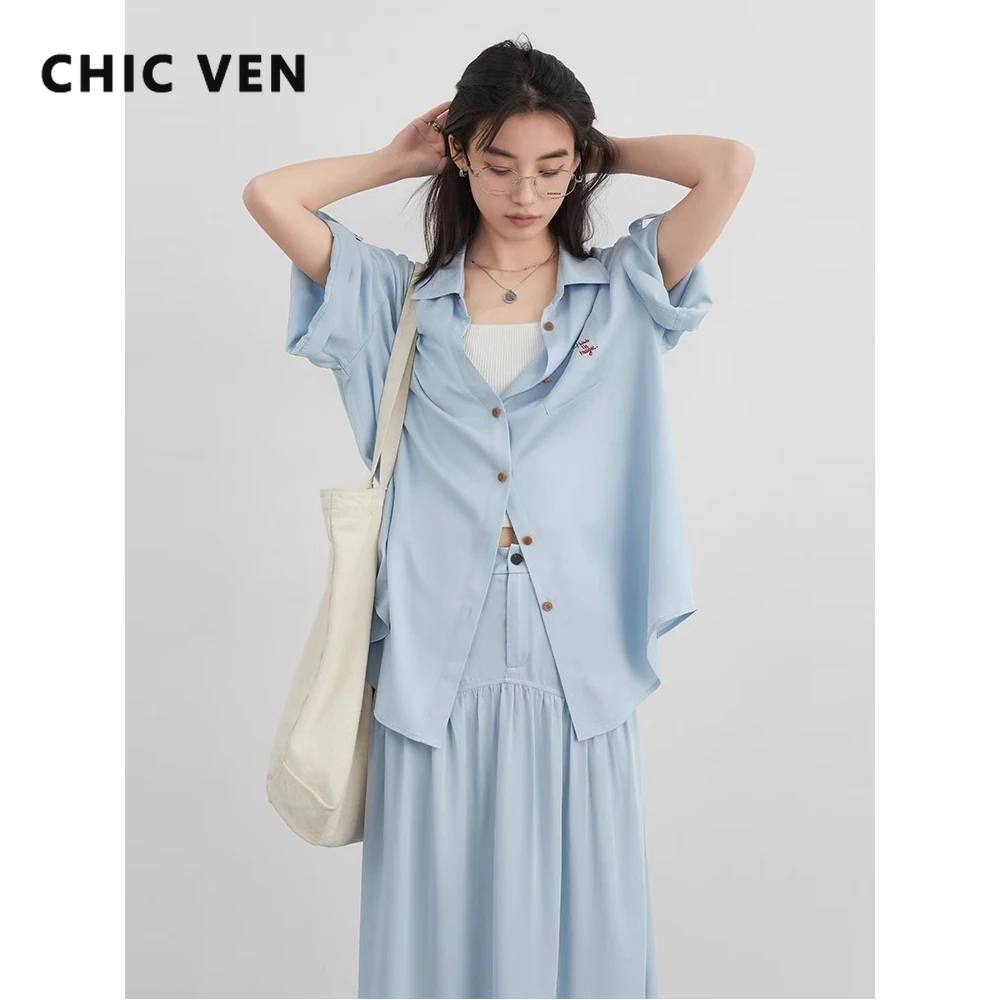

CHIC VEN Women Shirts Loose Casual Short Sleeved Blouses Female Coat Woman A-line Pleated Skirt Spring Summer 2025 Clothing