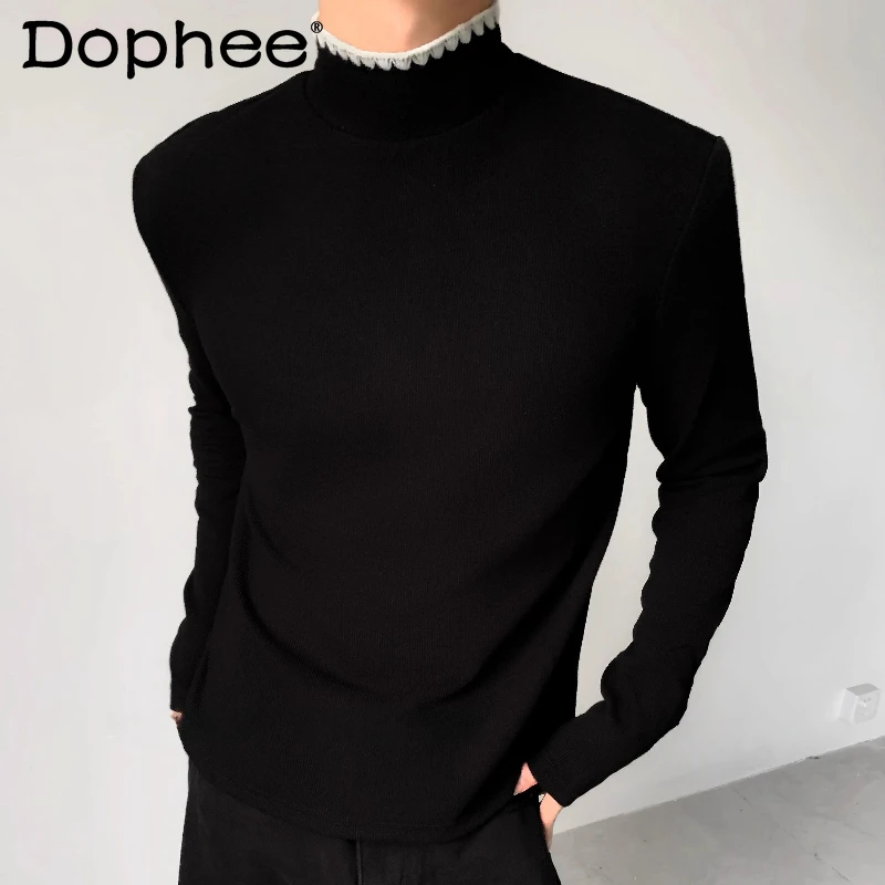 

Men's 2025 Autumn Winter New Light Luxury Lace Collar Design Long Sleeve Padded Shoulder T-Shirts High-End Half High Collar Tops