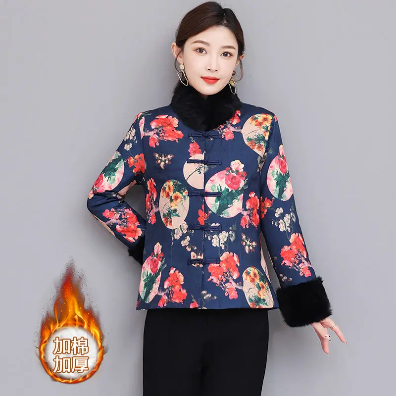 Estilo chinês acolchoado jaqueta outono inverno retro fivela curto engrossado gola de pele e manguito roupas algodão mãe acolchoado casaco t674