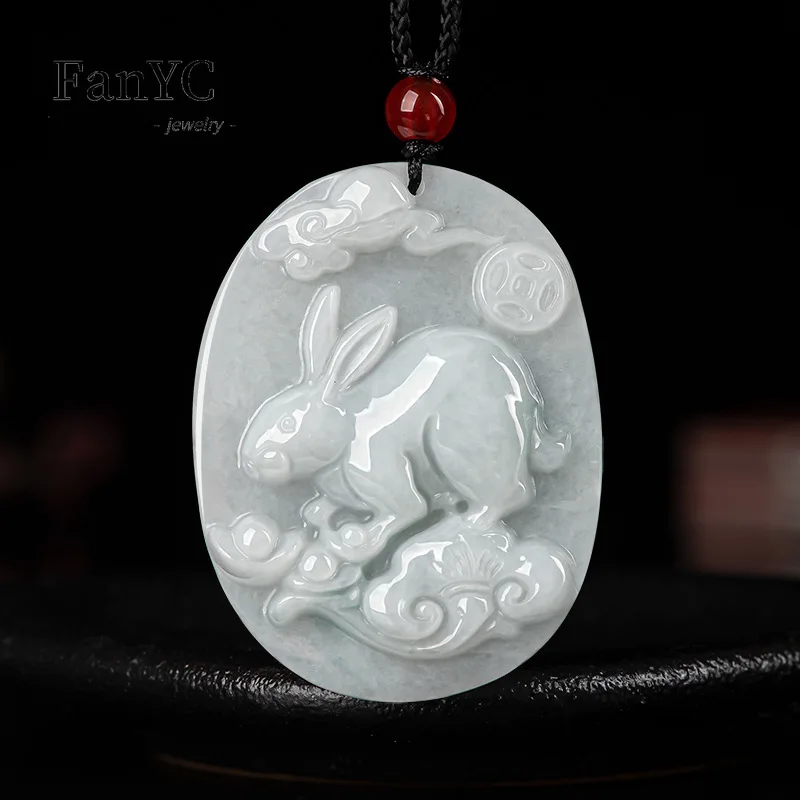 

Myanmar A-goods Jadeite Rabbit Zodiac Rabbit Pendant Hand-carved Fashion Luxury Ice Jade Necklace Men and Women Holiday Gift