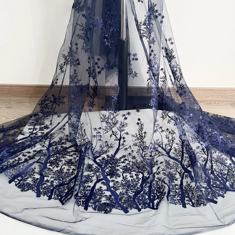 

Navy Blue Snowflake Tree Sequin Embroidered Lace Fabric Women's Skirt Doll Clothes DIY Fabric