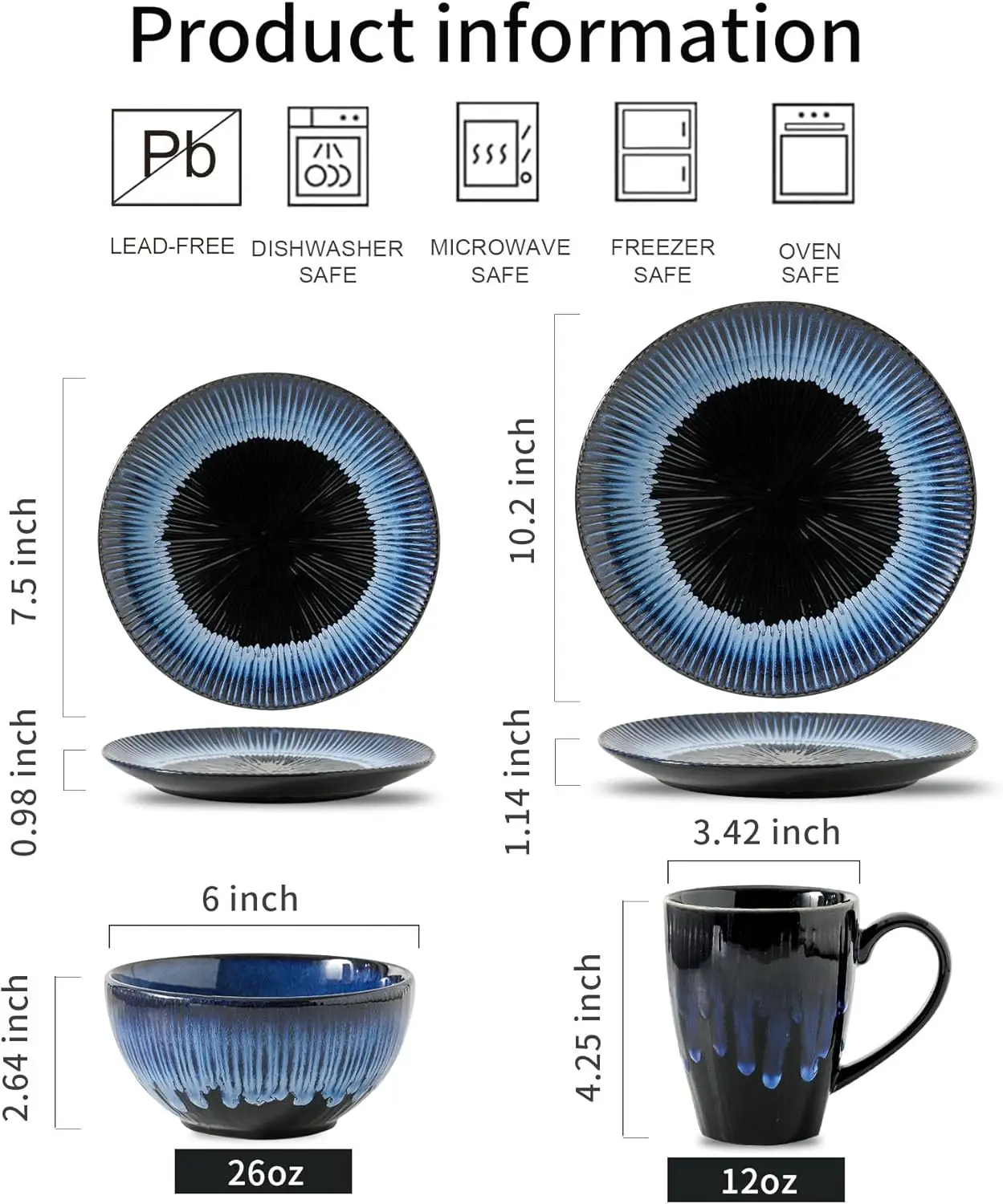 طقم أواني طعام سيراميك مكون من 16 قطعة، أطباق، أكواب للحفلات، آمنة للاستخدام في الميكروويف وغسالة الأطباق، طلاء تفاعلي (نيبولا أزرق)