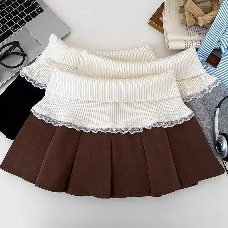 

Knitted American Vintage Patchwork Skirt Lace Y2k All-match New High Waist Sweet Spice Girl Jupe Pleated Mini Skirts