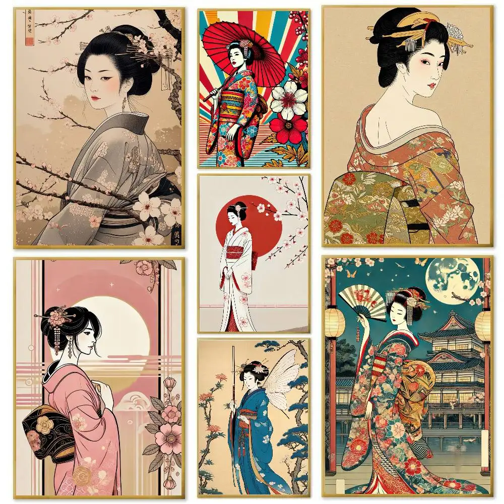 Japanese Geisha Retro Poster Art Sticky Wall Waterproof Home Living Room Bedroom Bar Aesthetic Decoration