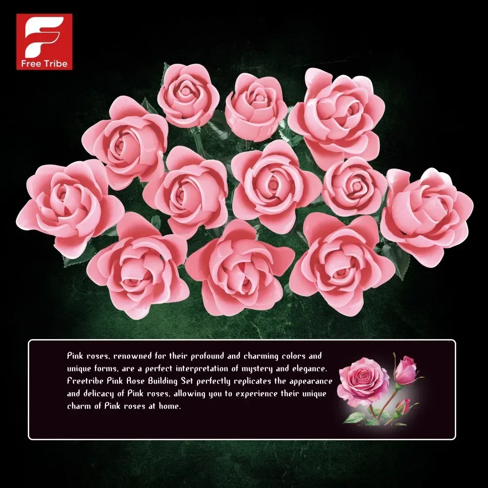 12 Pink Rose Flower Building Blocks Simulation Bouquet Flower Model Bricks Adult Romantic Gifts Desktop Ornamental DIY Toys - view 4
