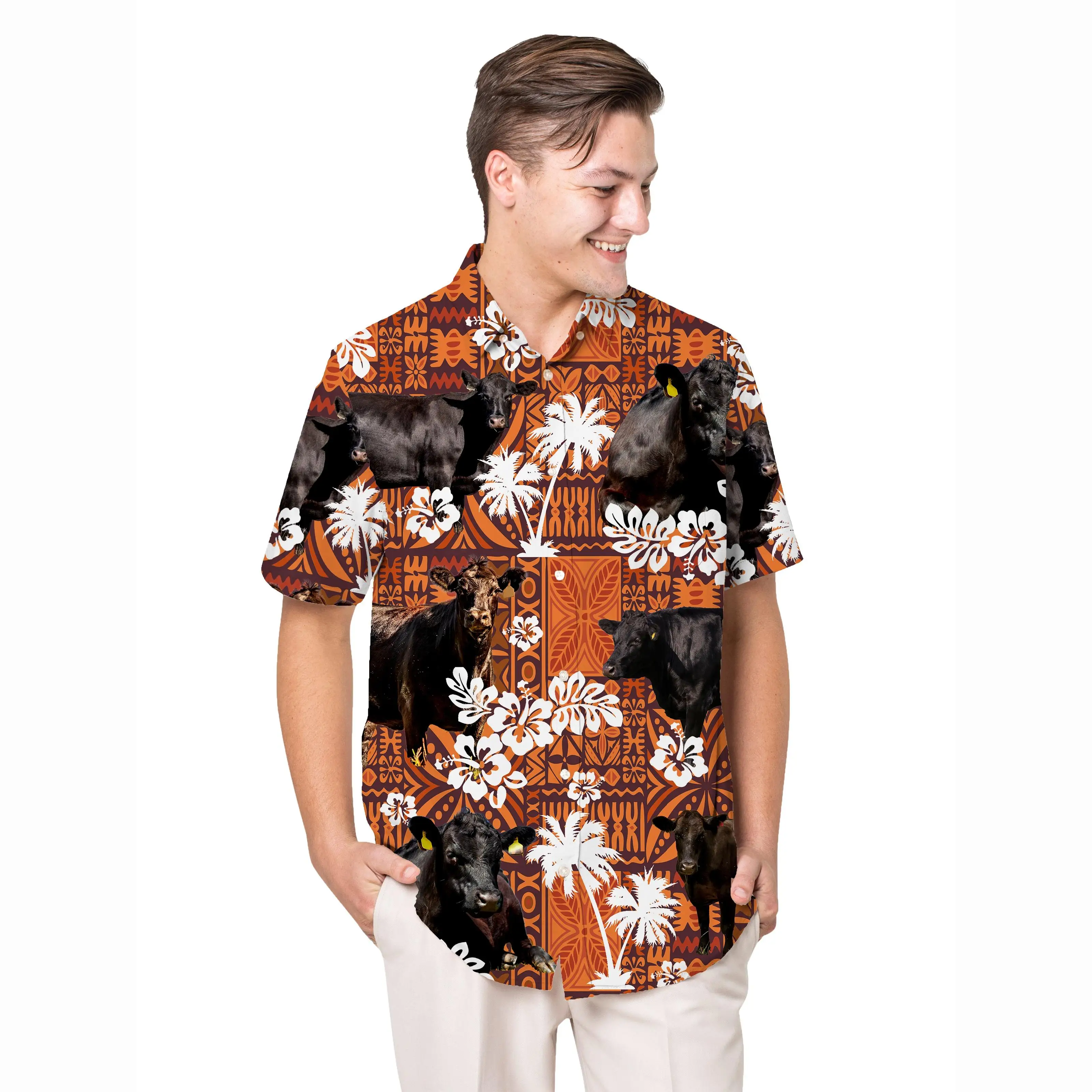 Jumeast Black Angus Cattle Pattern Short Sleeve Hawaiian Shirt Hibiscus Flowers Graphics Aloha Shirts Tropical Casual Clothing