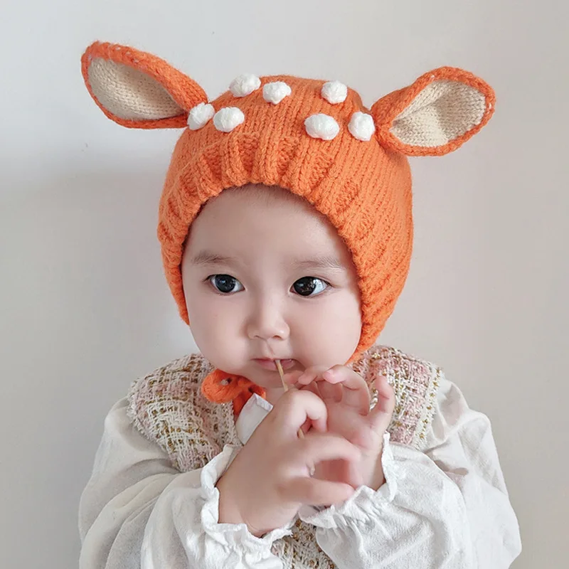 Cute Cartoon Baby Ear Protection Cap Winter Warm Infant Woolen Knitted Hat 6-36M Boy Girl Crochet Bonnet Toddler Beanie Headgear