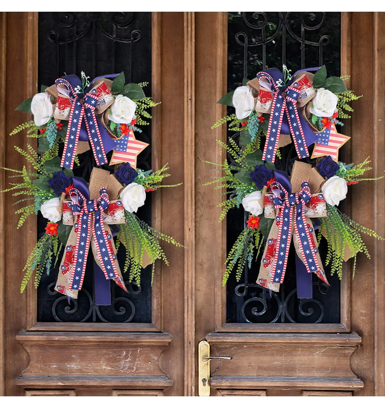 Corona del Día de la Independencia Americana, corona de flores simuladas, puerta colgante, decoración de fiesta de Patio al aire libre, decoración colgante