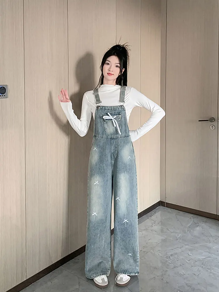 Retro American  Knot Rhinestone Denim Overalls Women's New Faion Age Reduction All-Match Straight Leg Jumpsuit