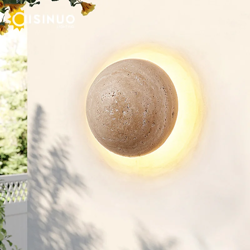 

Уличный круглый желтый травертин натуральный камень настенный светильник водонепроницаемые настенные светильники светодиодные бра нержавеющий прочный для двора и сада