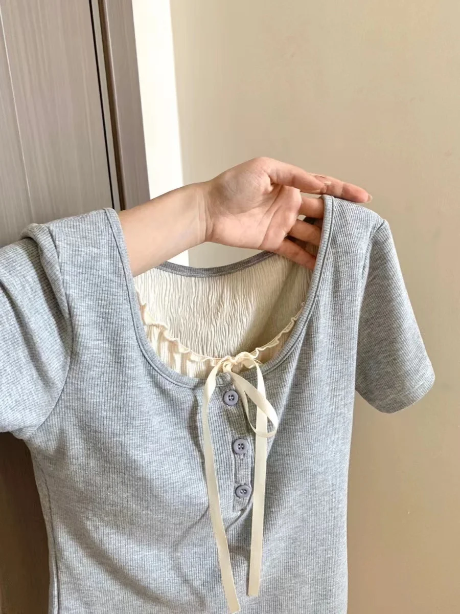 

Korean Style Retro Fake Two-Piece Short Sleeve T-Shirt Women's Summer Pure Desire Slim Fit Short Length Top Ladies Fashion
