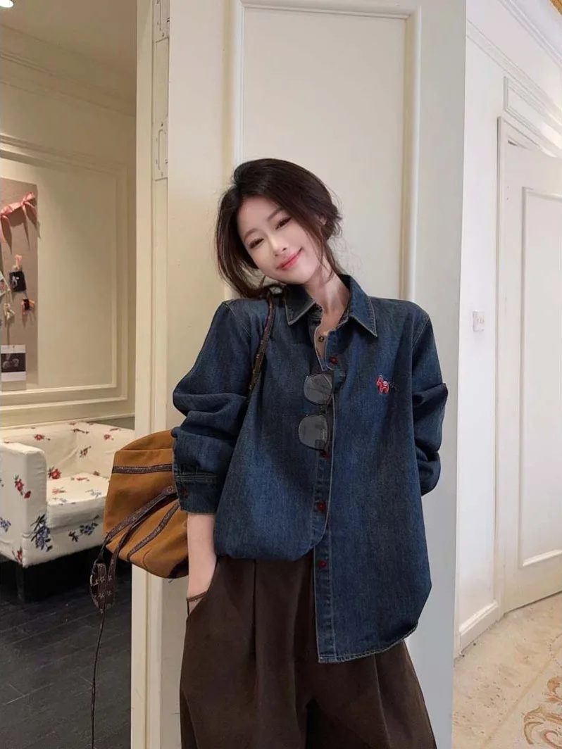 

Retro Hong Kong Style Long Sleeve Embroidered Loose Women's Denim Shirt Spring Commute Design Collar Open Cardigan
