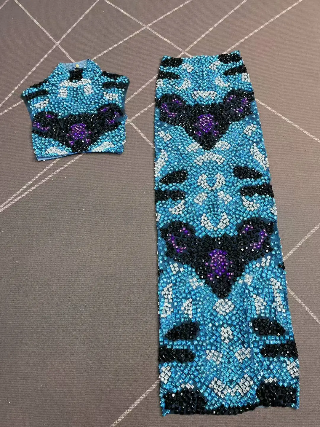 Sparkly Crystals Blue Black Crop Tops Long Skirt 2Pieces Set Birthday Party Sexy Outfit Festival Celebrate Evening Gown Huanqing view 6