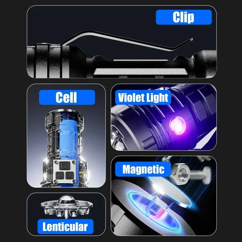 مصباح ليد جيب صغير قوي USB قابل لإعادة الشحن EDC المفاتيح مشاعل الضوء البنفسجي شاشة ديجيتال المغناطيس الشعلة للتخييم