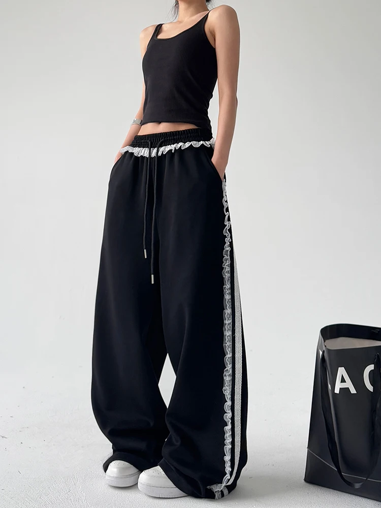 Retro Lace Splice Straight Leg Casual Sports Pants Women's High Waist Cotton Polyester Blend Comfortable Slimming Trousers