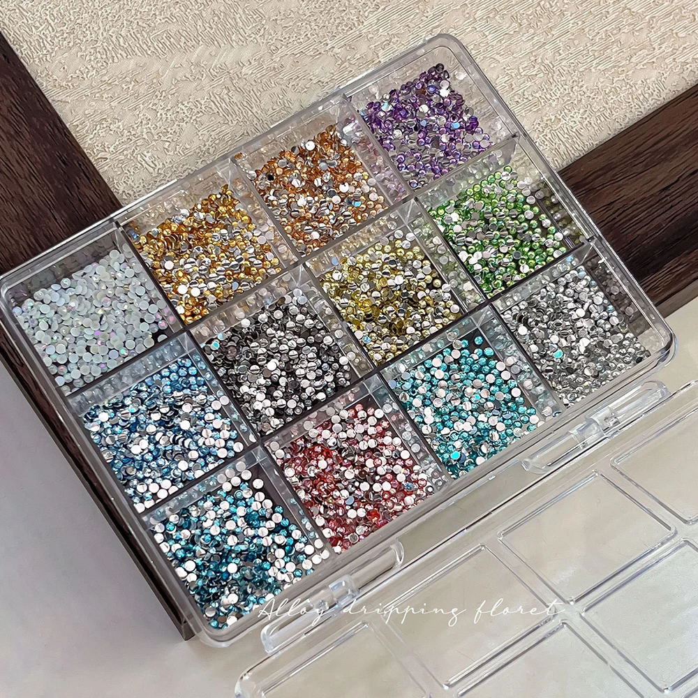 12Grids Mixed 3D Acrylic Resin Rhinestone + Box Flat Bottom Nail Charms Brilliant Diamond For DIY Manicure Decoration Supplies