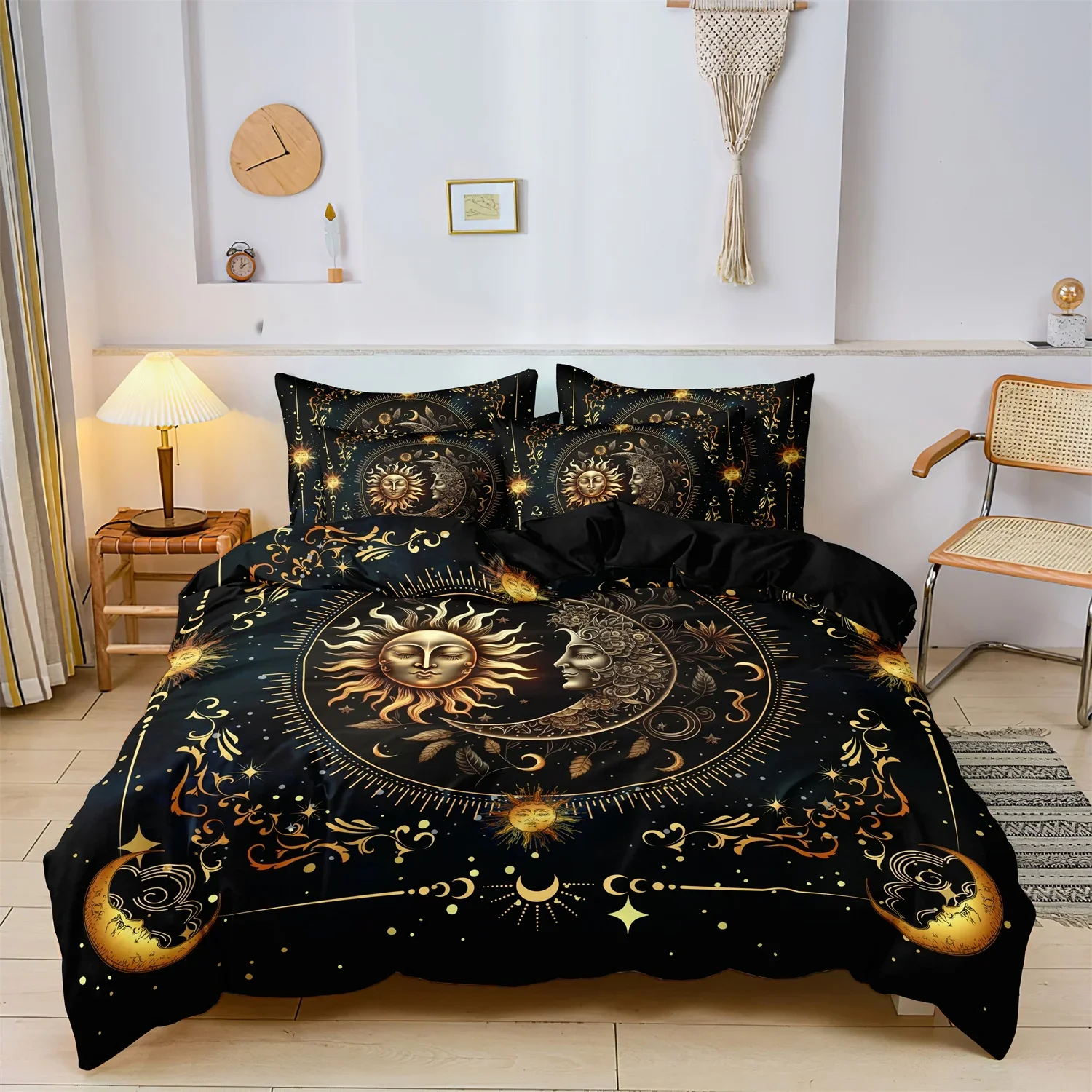 

3pcs Golden Sun Bedding Set Moon Planet Duvet Cover Set at Home Dormitory High Definition Numerical Code Printing Supe Soft