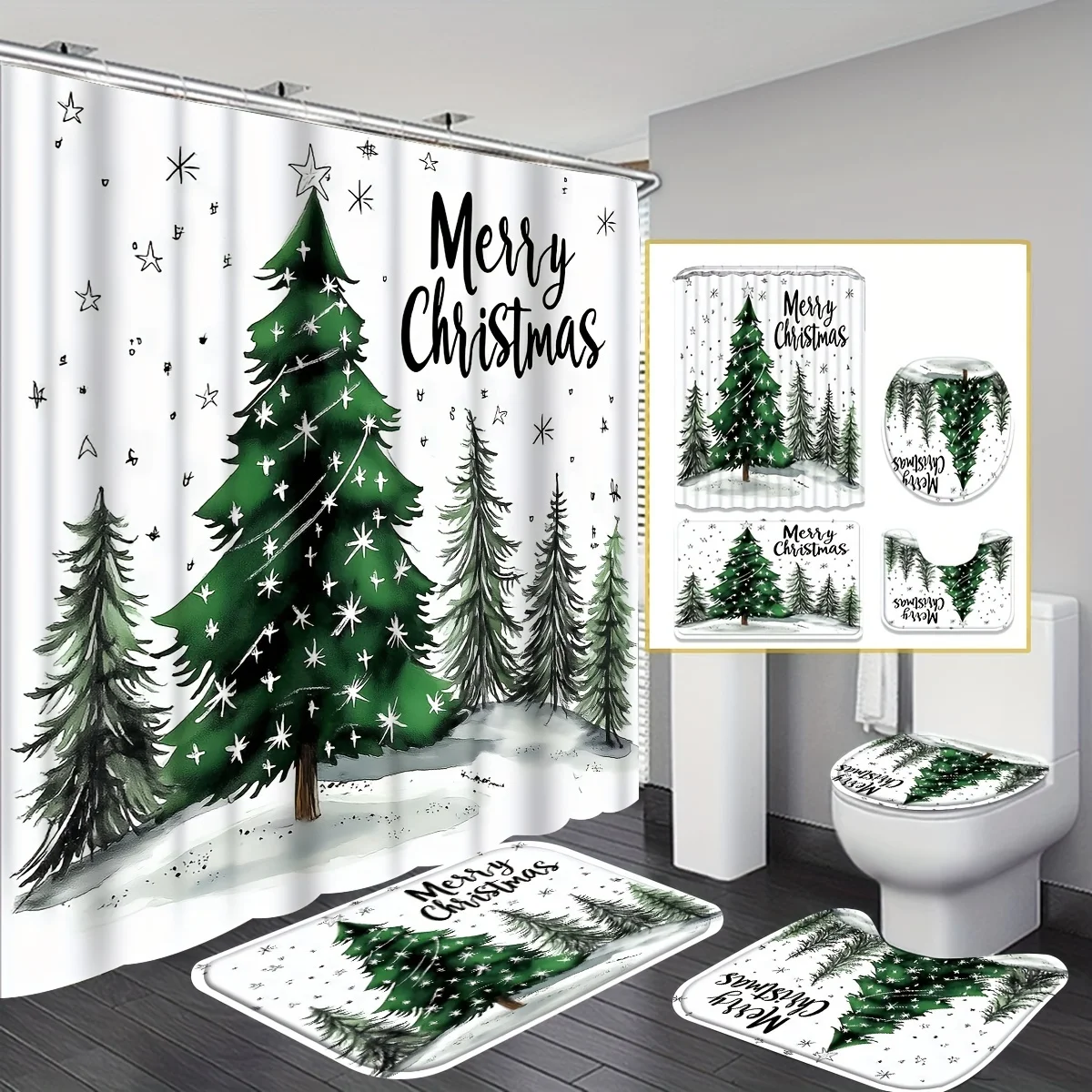 

4 шт., зеленая рождественская елка, набор занавесок для душа, с крючком и U-образным чехлом на сиденье унитаза, аксессуары для ванной комнаты, рождественские украшения