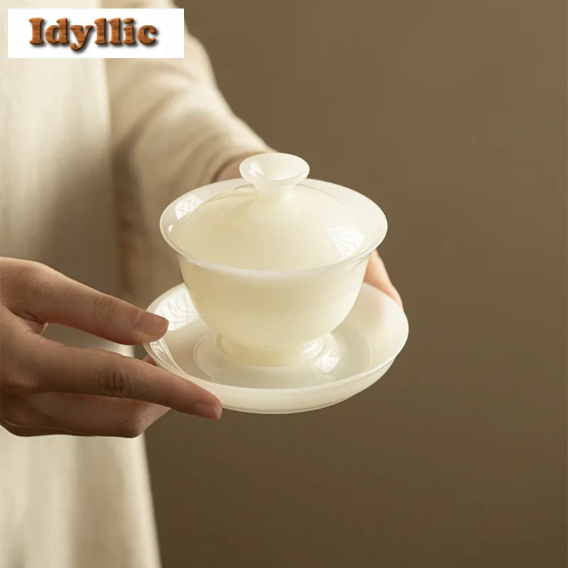 120ml Icy Mutton Fat Jade Hovering Gaiwan Retro Tea Tureen Tea Bowl With Lid Kit Tea Maker Cover Bowl Chinese Tea Set Ornaments