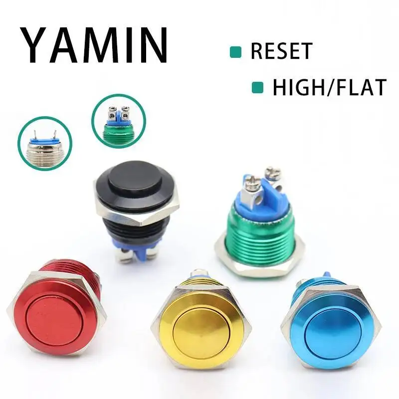 Logam Push Button Switch Tahan Air IP65 Oksidasi Self Reset Sesaat 16 Mm/19 Mm/22 Mm Merah Biru hitam Hijau Warna Kuning 1NO