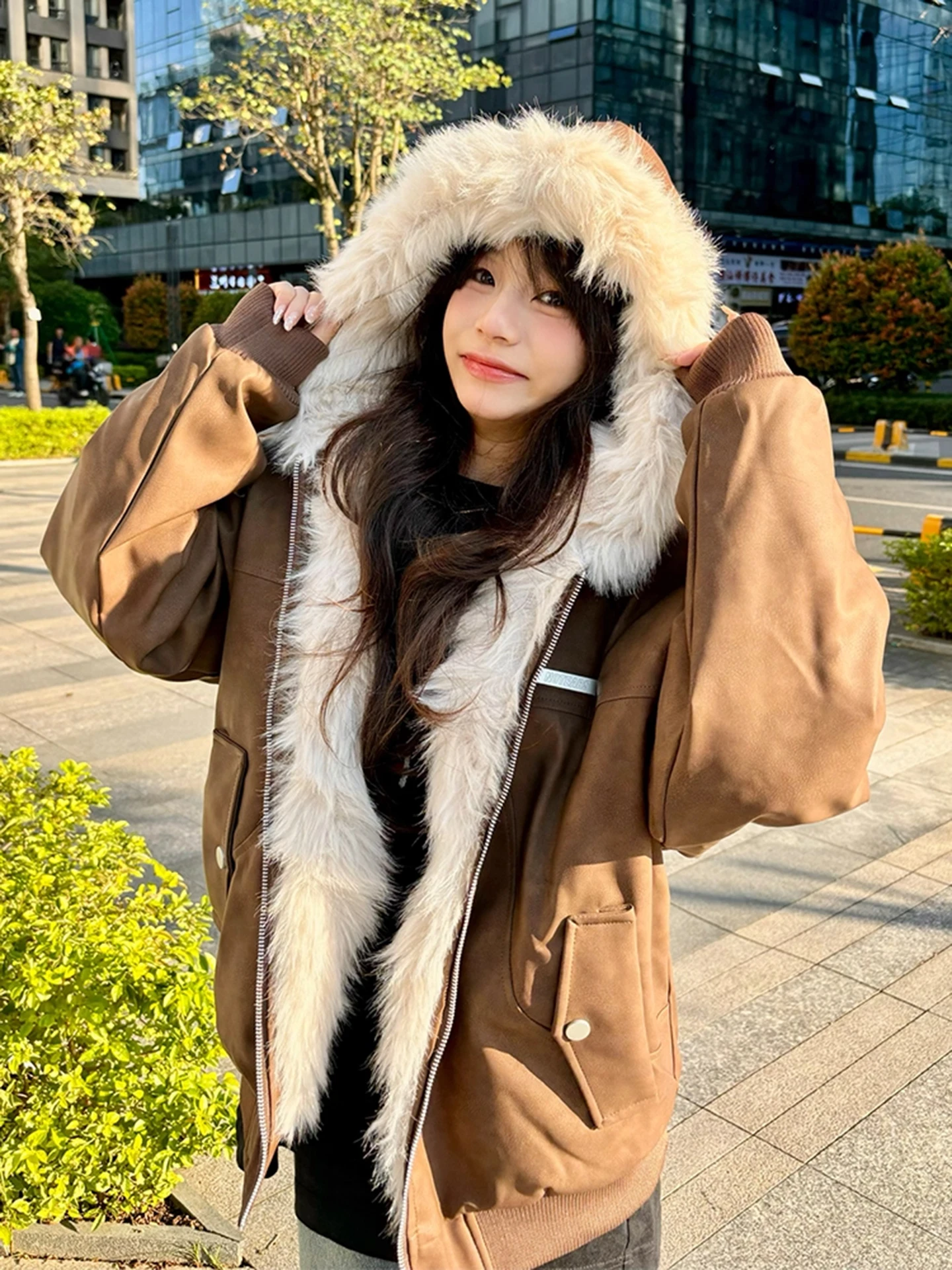 

Зимняя куртка унисекс с меховым воротником из искусственной кожи, на молнии, теплая