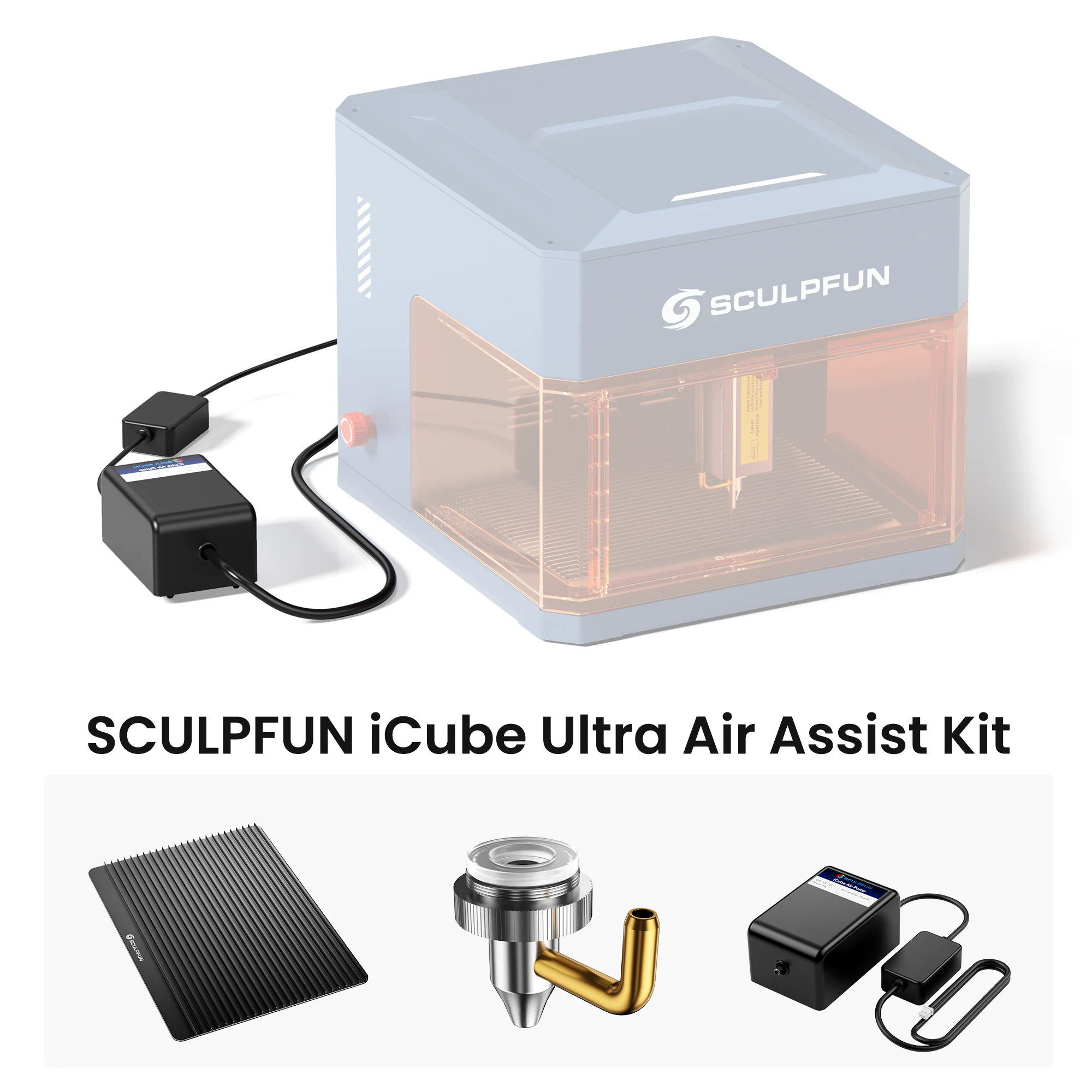 SCULPFUN Kit d'assistance pneumatique pour graveur laser iCube Ultra avec plaque de coupe, moins de 40 dB, faible bruit et faible vibration
