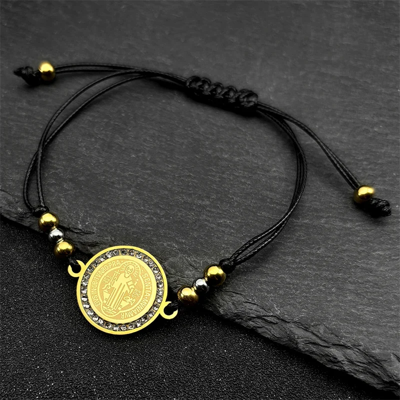 Saint Benedict Adjustable Rope Chain Bracelet for Women Men Stainless Steel Gold Color San Benito Medal Charm Bracelet Jewelry