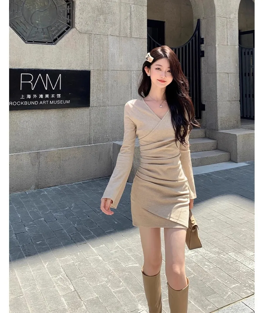 Jurken Damesjurk Lange mouwen Lente Satijn Halter Hals Ruches Getailleerde tailleband Artistiek Sensueel Clubwear Chic Unieke pasvorm