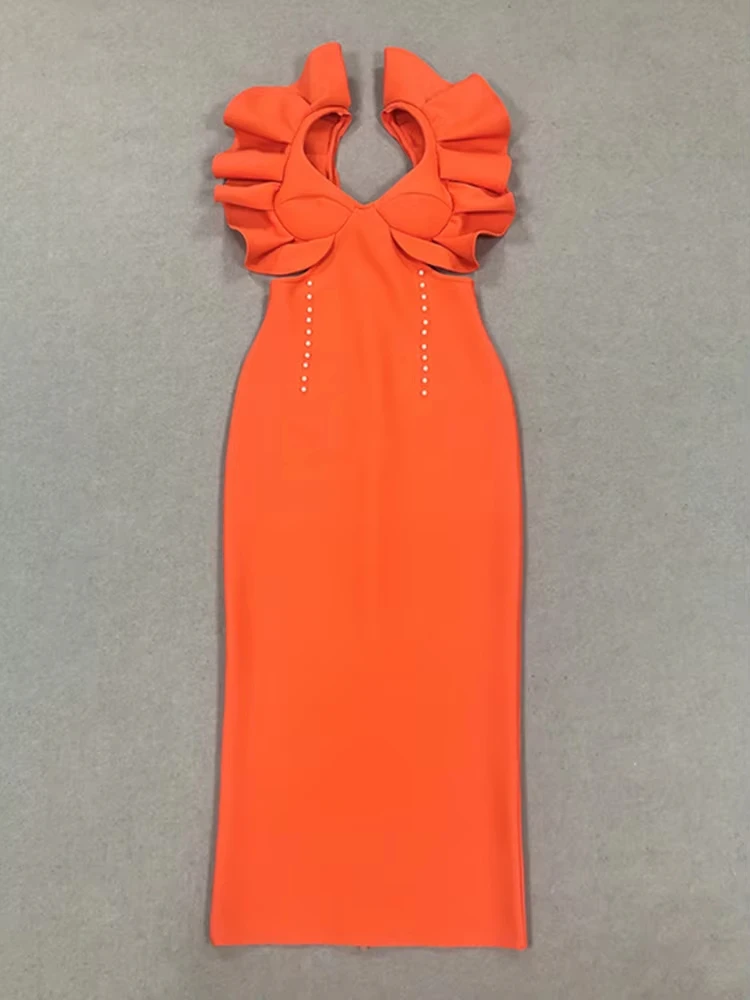 Vrouwen Sexy V-hals Uitgesneden Oranje Ruches Midi Bodycon Bandage Jurk 2024 Celebrity Elegante Avond Club Party Dress