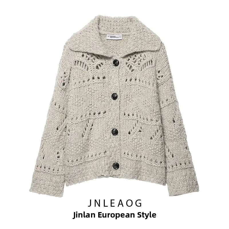 Fashionable Thick Needle Knitted Open Cardigan Hollow out Design Autumn New Arrival Women's Polyester Fiber Long Sleeve Shirt