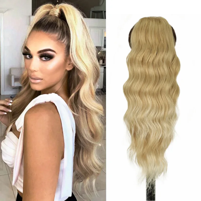 22 Inch Long Body Wavy Drawstring Ponytail Clip in Ponytail Extension Synthetic Curly Wavy Pony Tail Hairpiece for Women 613#