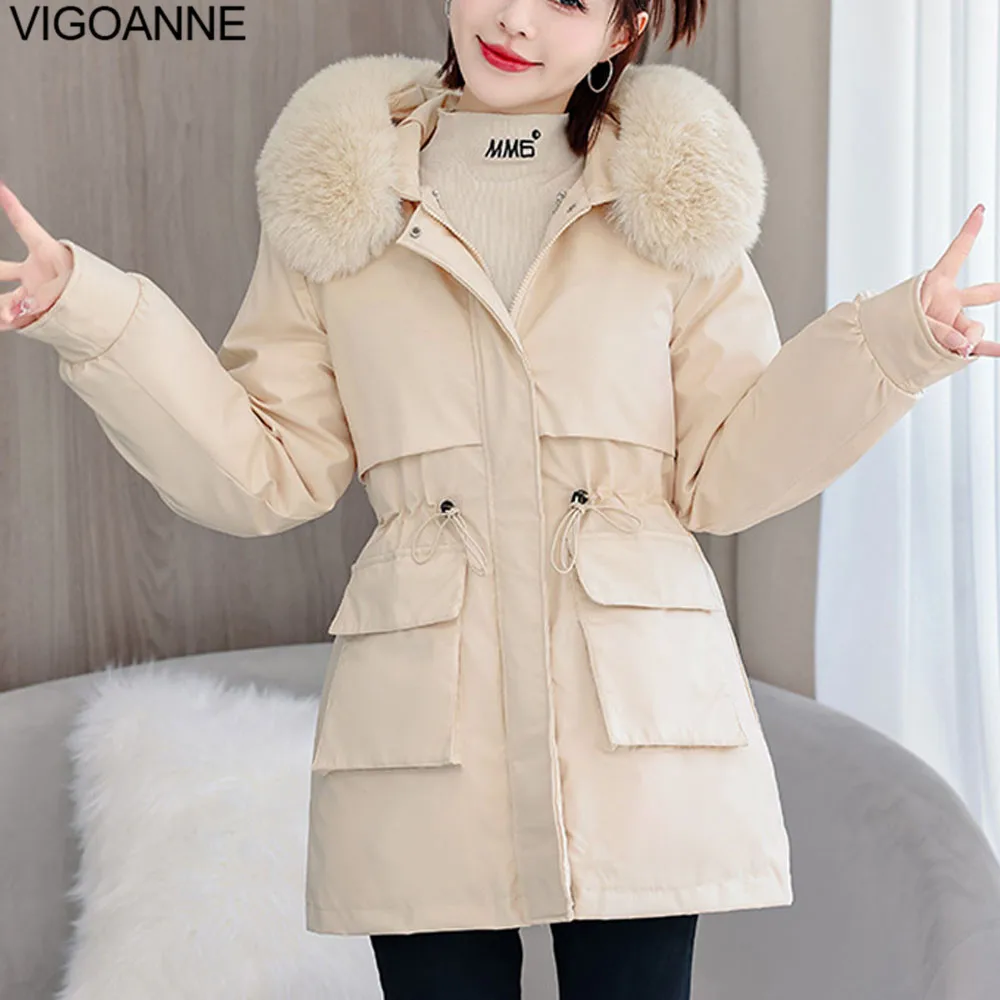 VigoAnne 2025 invierno grueso cálido abrigo largo con capucha mujer coreano sólido bolsillo Casual chaqueta de manga larga suelta señora bolsillos prendas de vestir