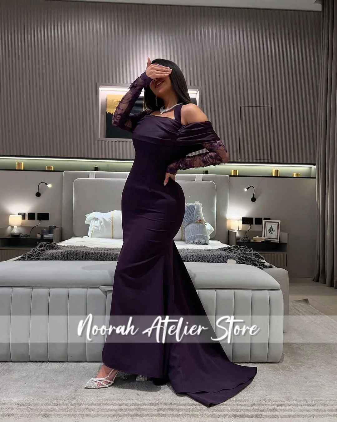 Elefant 보라색 오프 어깨 레이스 긴 소매 럭셔리 여성 이브닝 드레스 2025 인어 웨딩 드레스 아라비아 긴 맞춤형