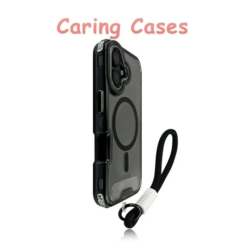 حافظة لهاتف آيفون 17 برو ماكس فوشيا شفافة MagSafe 2 في 1 حبل مقاوم للصدمات متوافق مع آيفون 16 15 14 13 12 11